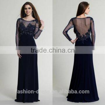 Beautiful Beaded Lace Applique Navy Blue Long Sleeve Evening Dress