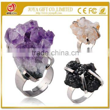 Natural Real Rough Drusy Black Agate Crystal Amethyst Rings Gemstone Ring with adjustable metal women finger jewelry