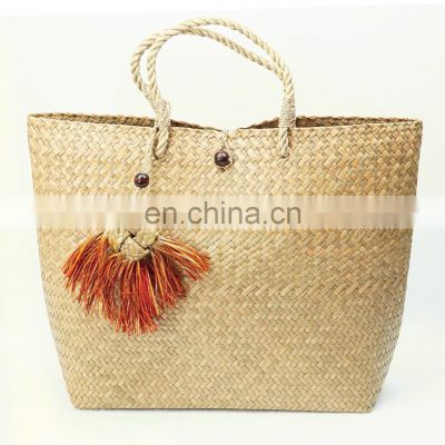 Handmade Straw Natural Vegan Bags with Keychain Seagrass Handbag 100% Nature Straw Woven Tote Bag Wholesale