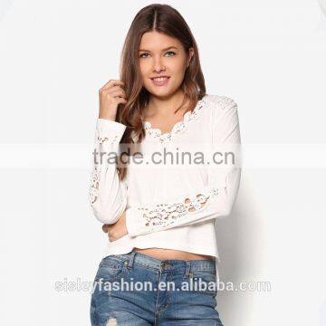 New t shirt design with high quality blank long sleeve women's shirt with lace TS071