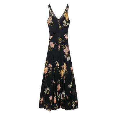 2025 summer new women's suspender temperament printed sleeveless V-neck long dress