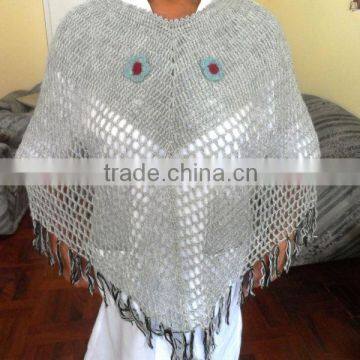 100% Baby Alpaca Knitted Poncho Cape with Roses Peru Handmade