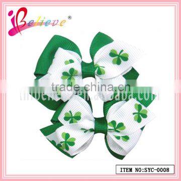 Brand promotion gift hair accessories wholesale green ribbon four leaf clover hair bow clips (SYC-0008)