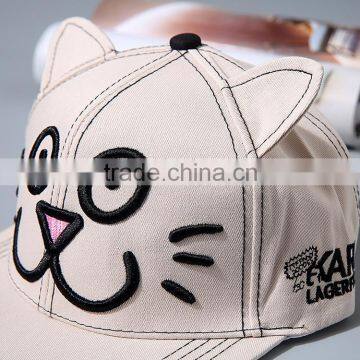 Direct Factory Wholesale Cute Sweet Cat Embroideried Flat Caps and Hats