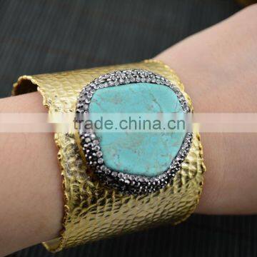 LFD-B009 ~ Fashion 24k Gold Pave Rhinestone Crystal Bangles , Turquoise Stone Cuff Bangle Bracelets For Women