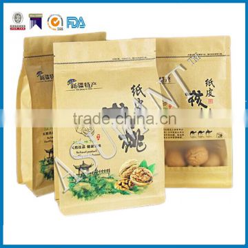 custom printed Flat bottom Kraft brown paper bag flat handle for coffee zipper Kraft paper bag with small window