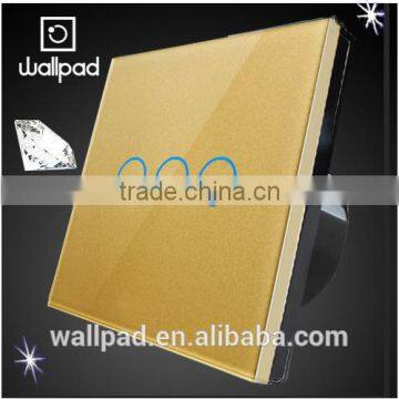 Hot Products to Sell Online Wallpad Waterproof Europe UK Gold Glass Panel 10 Amp Switch 3 Gang Touch Button Sensitive Switch                        
                                                Quality Choice