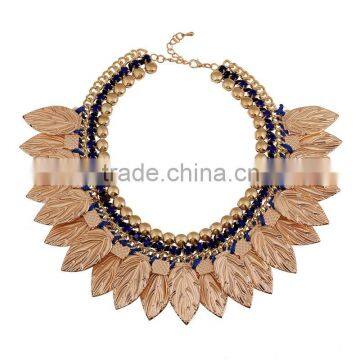 Wholesale fashion jewelry Exaggerated costly golden leaf more cotton rope woven crystal necklace