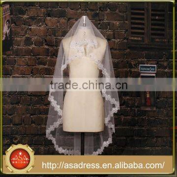 BV1009 2015 New Real Photo Simple Short Wedding Veil Lvory One Layer Lace Purfle Bride Veil