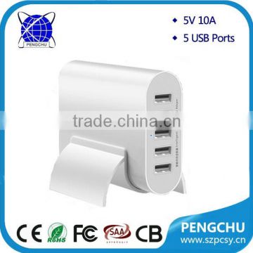 5 USB ports smart adapter 5v 10a USB charger 50w for camera/mobile phone/tablet