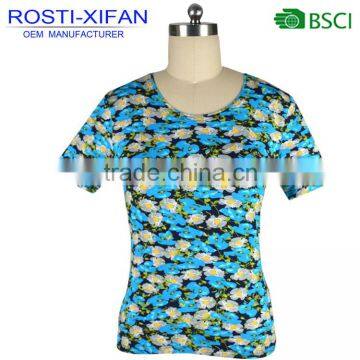 Women Flower Printed Round-neck Short Sleeve T - Shirts Summer Top