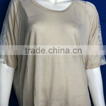 Lace pattern comfortable summer plain round neck t-shirt