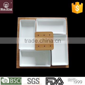 HM0023 wholesale durable porcelain 4pcs rect dish set and wood tray