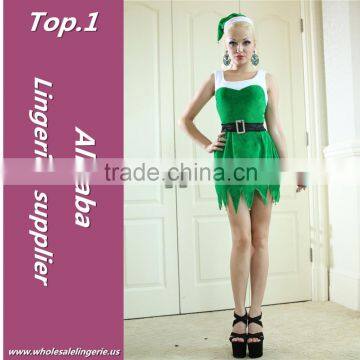 New style Polyester fashionable green backless cute christmas dresses with hat