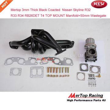 Mertop 3mm Thick Black Coated Niss** Skyline GTR R32 R33 R34 RB26DETT RB26 T4 TOP MOUNT Turbo Exhaust Manifold+50mm Wast photo-2
