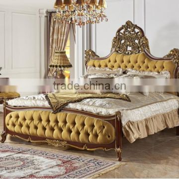 Luxury Crown Shaped Royal Upholstery Bed With Night Stand, Noble Button Tufted Golden Bed Set,Wood Carving Bedroom Furniture Set photo-2