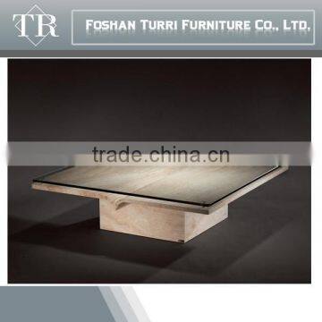 Modern Luxury Travertine Base Glass Top Coffee Table photo-6