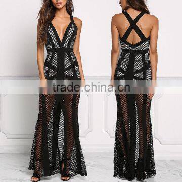 Latest Sexy Slit Black Mesh Net Slit Maxi Gown Dress With Cross Back Designs HSd5113