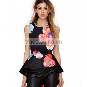 Women Sleeveless Black Floral Print Cocktail Slim Fit Tank Top