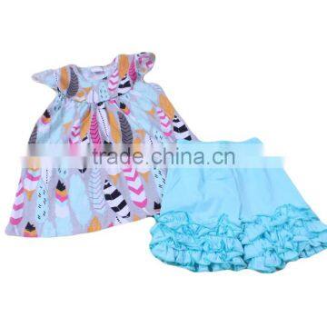 Factory wholesale cute feather printes matching ruffle shorts cotton newborn baby 1 year old party dress