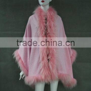 Lovely Pink Wool Poncho Cape / Winter Long Raccoon Fur Shawl Fine Quality