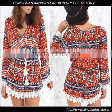 Lace Hem Decorate Printing Long Sleeve Jumpsuits for Women 2015 photo-5