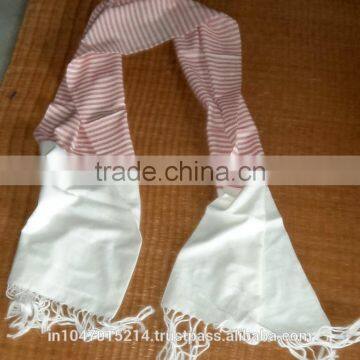 Hand woven Pink & white and orange & white stripe cotton scarf