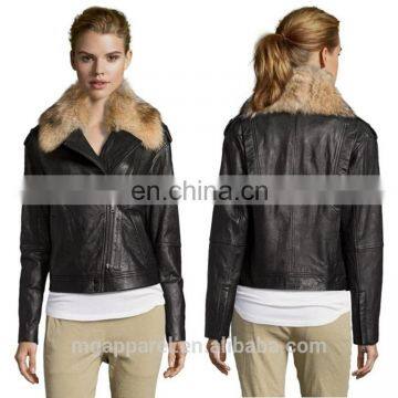 Black Leather Fur Collar Asymmetrical Zip Motorcycle Jacket Woman Coat