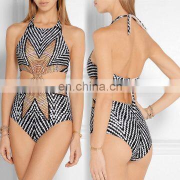 Placement Print Hollow Sexy Mayokini Swimwear Female One Piece Bathing Suits Women Monokini Ladies Swimsuit