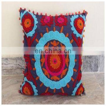 Vintage Suzani Cushion Cover Embroidered 16x16'' Indian Pillow Case Pom Pom