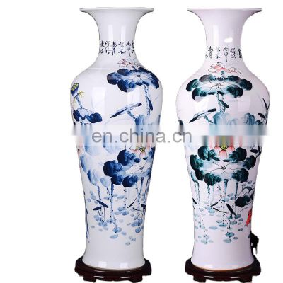 Traditional Chinese Tall Hand Painted Lotus Fish Design Blue And White Porcelain Floor Vases