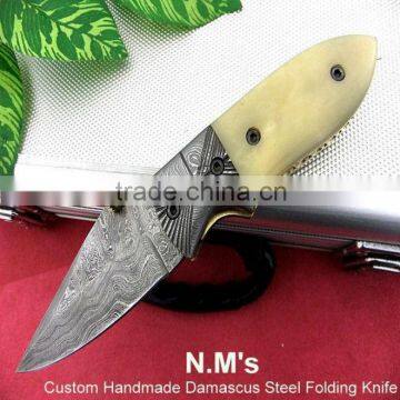 udk f28" custom handmade Damascus folding knife / pocket knife with camel bone and Damascus booster