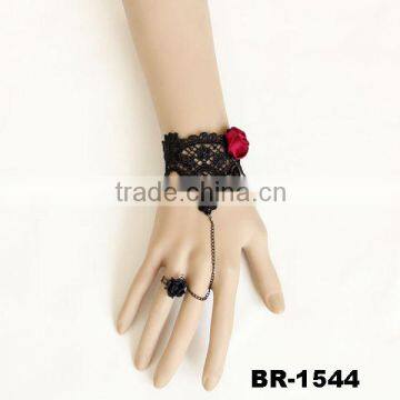 Lace Bracelet Ring Big Red Flower Charm Alloy Ring Chain Black Bracelet Chain