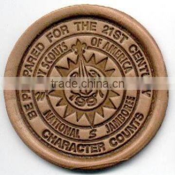 Custom debossed ,embossed round brown leather patch for jeans
