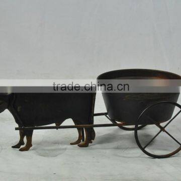 13B746EAA Garden deco ox cart design wrought iron metal flower pot