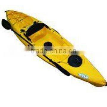 yellow color single fishing kayak with fish equipment