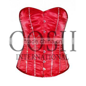 Overbust Red Satin Steel Boned Waist Training Corset With Front Rhinestones Ci-1149