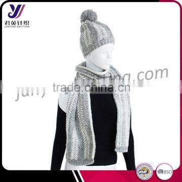 Fashion qualtiy womens knitting beanie hats + scarf+ gloves sets factory sales (can be customized)
