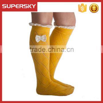 C04-6 Yellow Warm Boot Socks Ruffled Boot Socks with Lacy Bow Open Knitted Lace Boot Socks with Crochet Lace Trim and Buttons