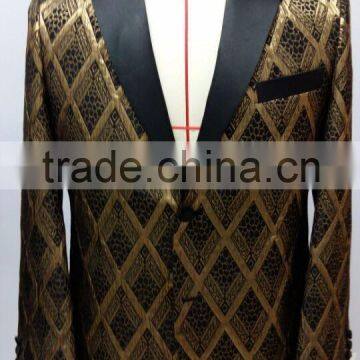 Custom Made Men's Black and Gold Diamond Metallic Smoking Tuxedo Jacket With Two Buttons