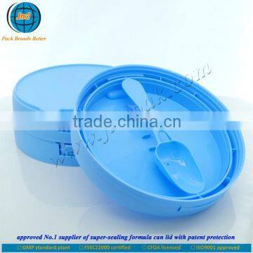 Hot sale plastic seal light blue milk powder cap with built-in scoop with FSSC 22000 certified by GMP standard plant-with patent