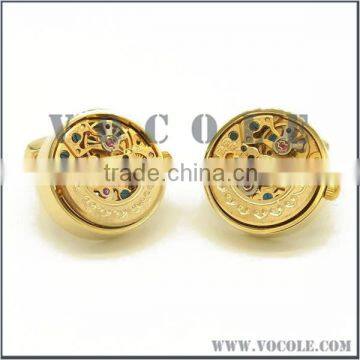 Gold Watch Mechanical Movement Round Stainless Steel Cufflink