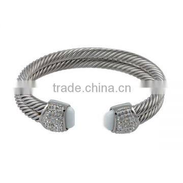 Highpolished silver crystal wide twisted wholesale wire bangle 316l stainless steel fake cable wire bangle for women LB8142