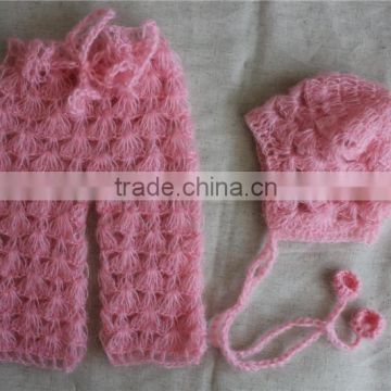 Newborn Baby Girl Soft Mohair Bonnet And Pants Set Hand Crocheted Set