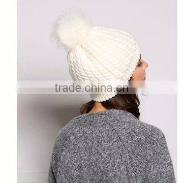 Newest Arrival Winter Warm Crocheted Wool Hat with Fox Fur Pom poms For Fashion Gilrs