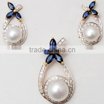 White Sea Water Pearl Marquise Tanzanite White Gold Pendant Earrings