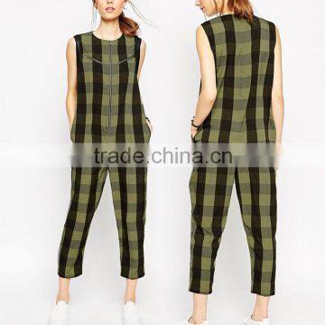 2016 New Arrival Check Patterns Zipper One Piece Rompers Jumpsuits With Long Pants for Women