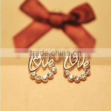 Fashion letter love stud earring,cheap gold jewelry needle earrings with crystals