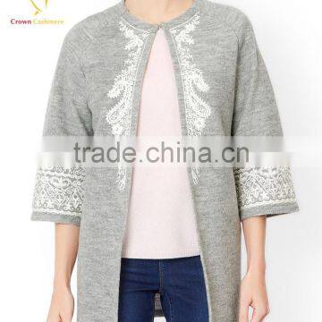 Intarsia Bracelet Sleeve Long Cashmere Women Cardigan Coat photo-3