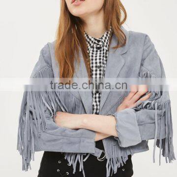 Lapel Collar Fringed Short Coat Womens Faux Suede Tassel Bomber Jacket photo-6